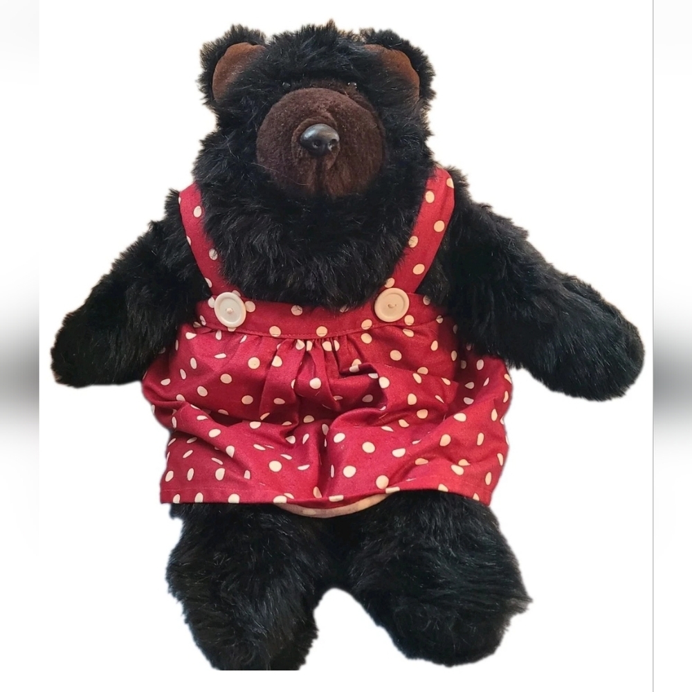 Vintage Musical Black Brown Bear Plush 20" Wind Up Musical Red Dress RARE 1950s